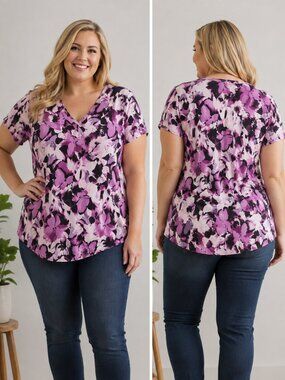 Jones New York Easy Dressing Women's 2X Purple Floral V-Neck Blouse Stretch Top
